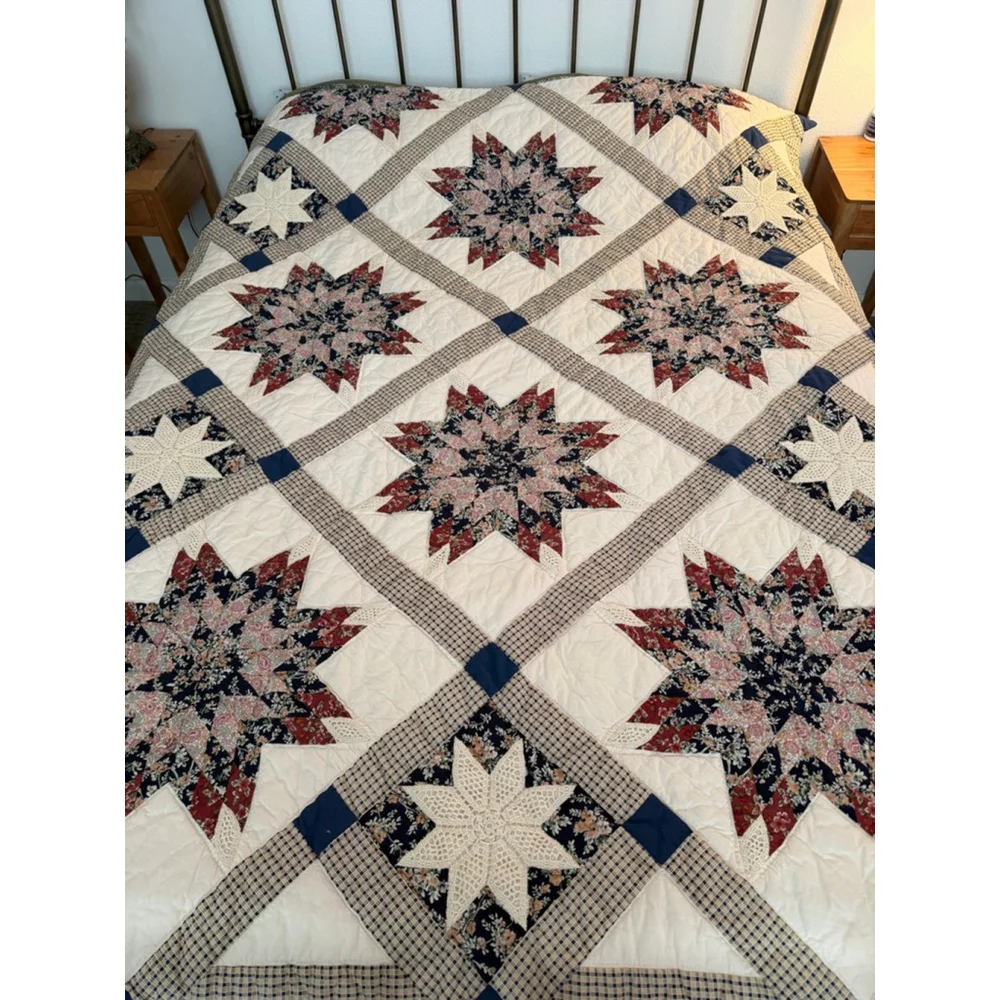 Vintage Handmade Quilt Hand Quilted Star Pattern Crochet Applique Cottagecore